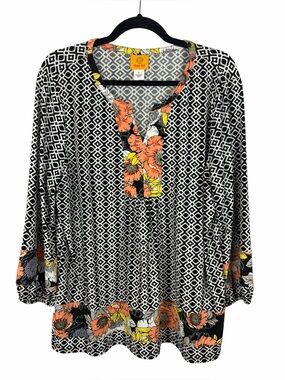 Ruby Rd. Mixed Print Blouse Floral Geometric Top Size Large